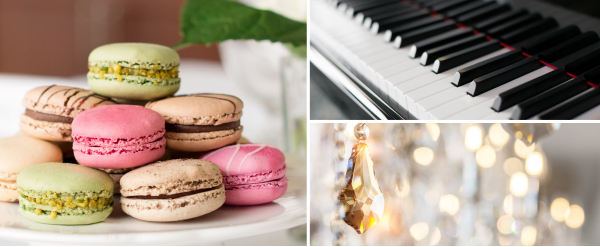 Collage of macaroons, a piano and a chandelier